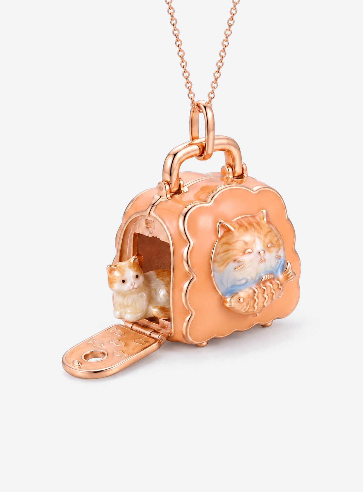 Pet carrier locket necklace with a tiny animal inside and decorative details on the carrier (Cat)