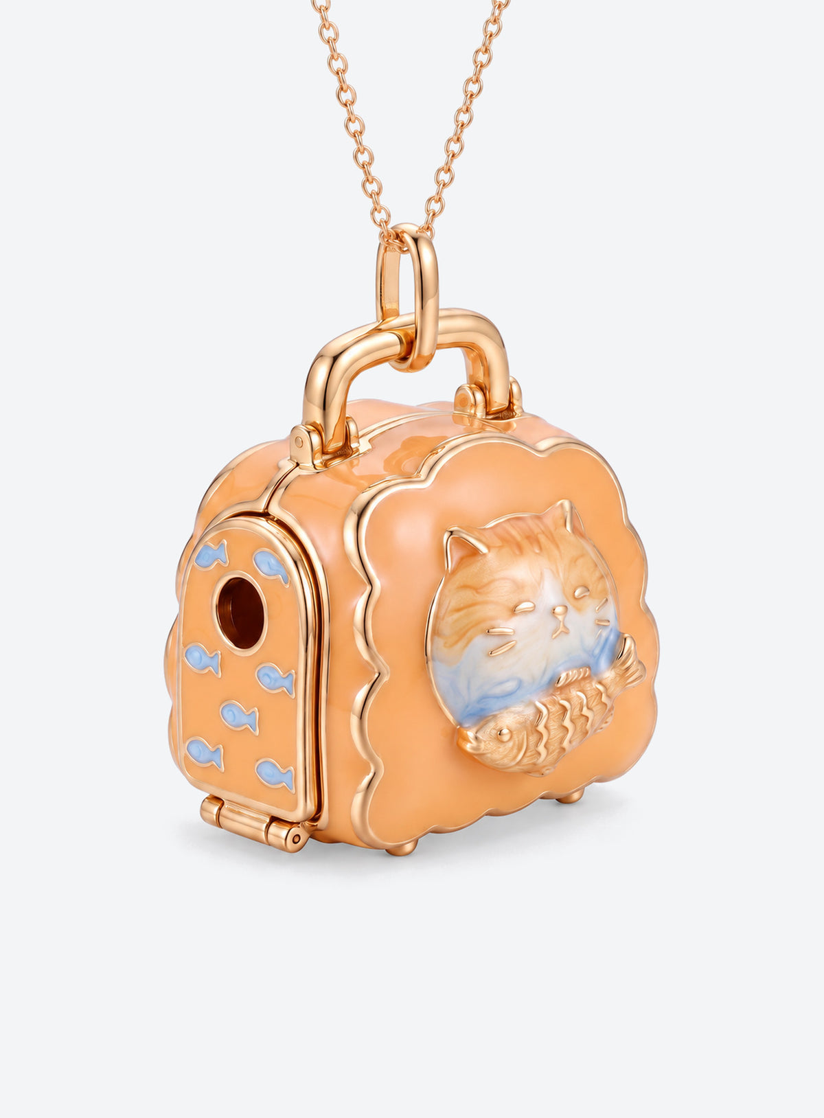 Pet carrier locket necklace with a tiny animal inside and decorative details on the carrier (Cat)