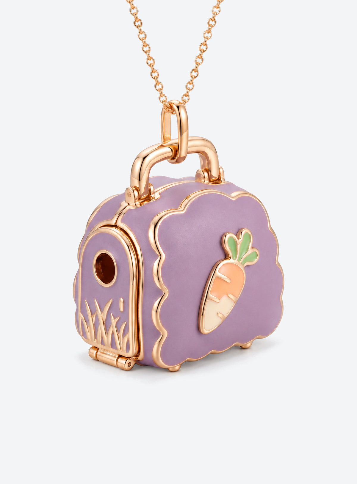 Pet carrier locket necklace with a tiny animal inside and decorative details on the carrier (Rabbit)