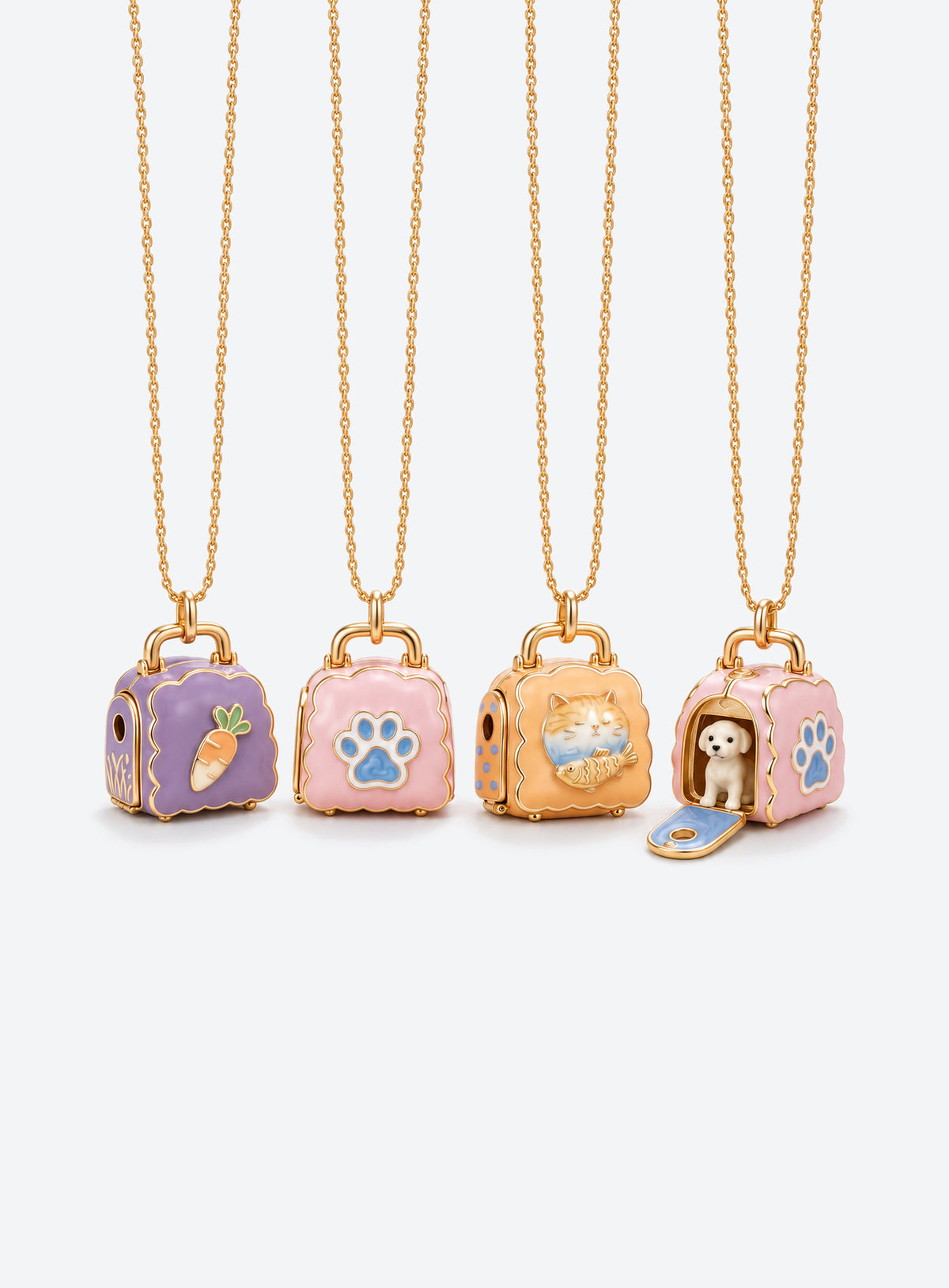 Pet carrier locket necklace with a tiny animal inside and decorative details on the carrier