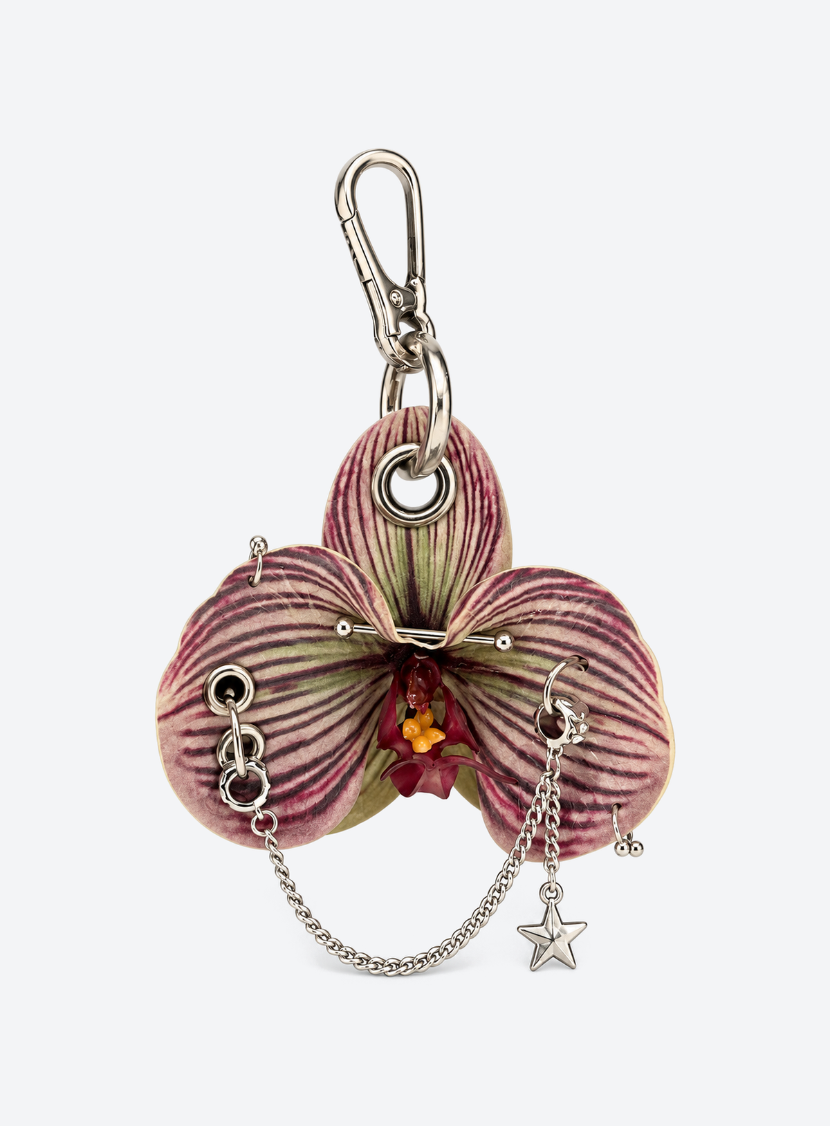 Orchid shaped bag charm with silver tone rings and hanging chains