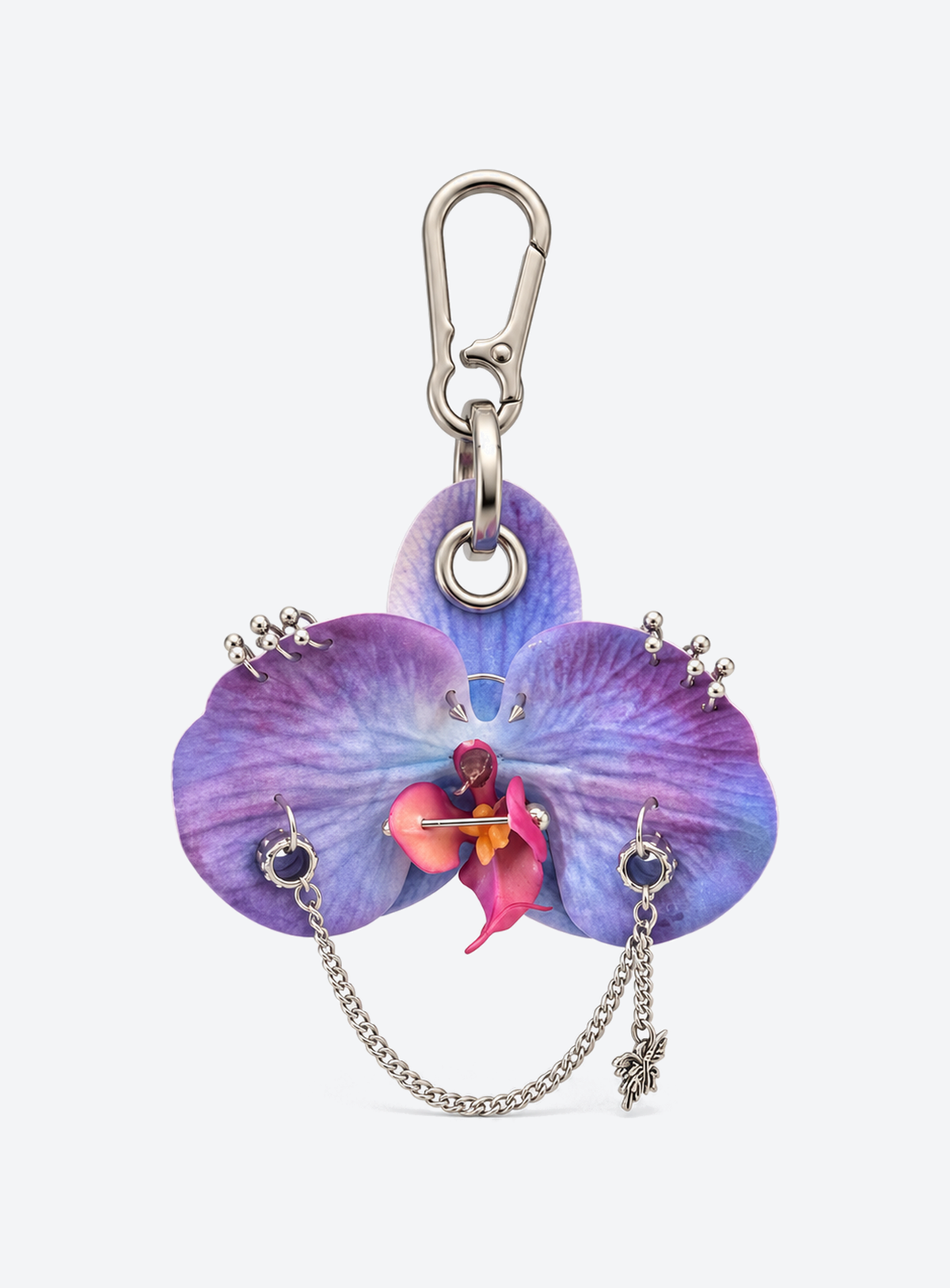 Orchid shaped bag charm with silver tone rings and hanging chains