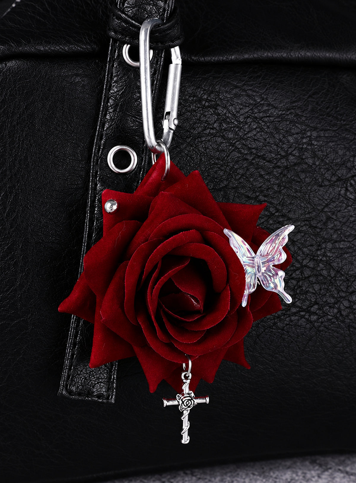 Artificial rose bag charm with layered flower petals