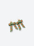 Pair of sage-green bow dangle earrings with six orange pumpkins on each bow, green vines, and gold-toned hardware
