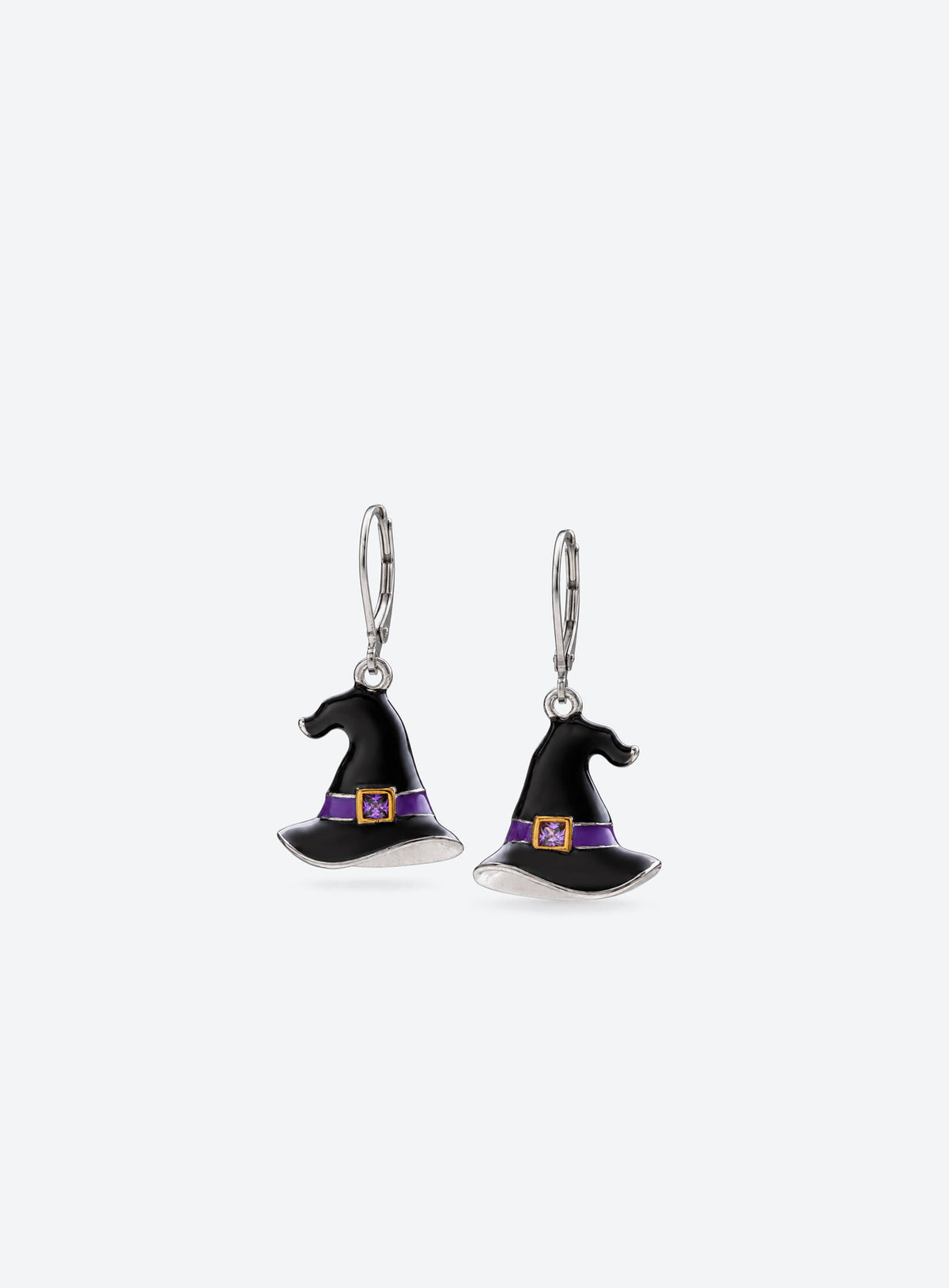 Black witch hat earrings with purple bands, square purple accents and silver-tone leverbacks