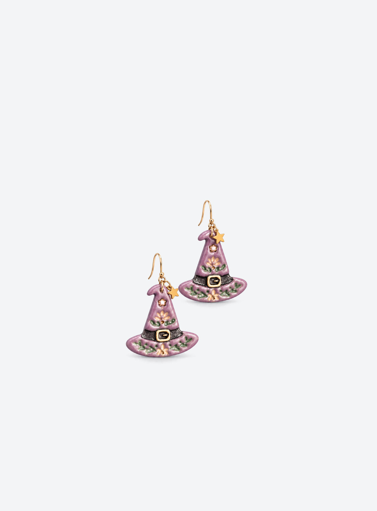 Pair of purple floral witch hat earrings with gold-tone hooks and star charms, black bands and gold-tone buckles
