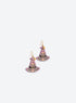 Pair of purple floral witch hat earrings with gold-tone hooks and star charms, black bands and gold-tone buckles