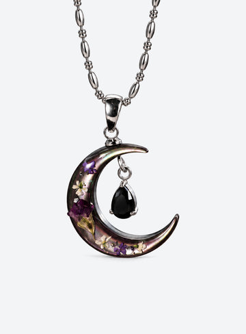 Purple Flower Crescent Moon Necklace