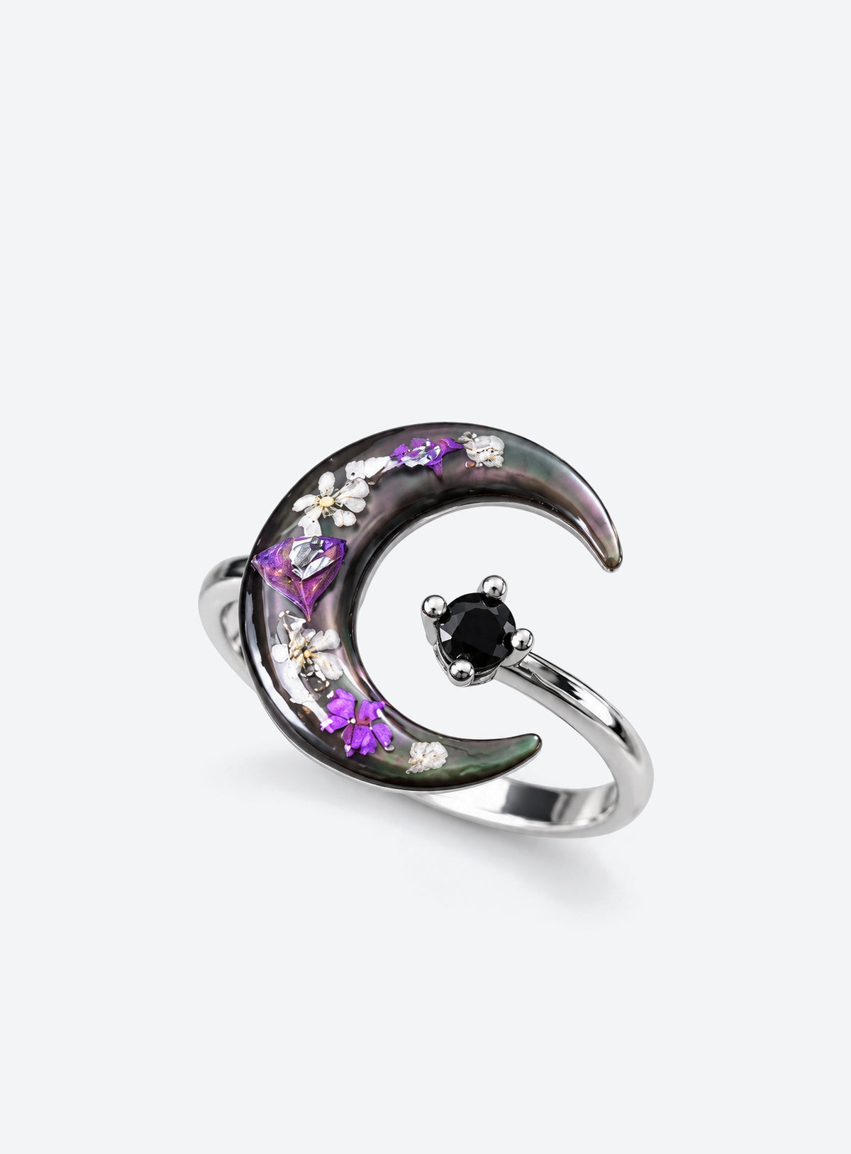 Silver-finish open ring with a dark crescent, purple pressed flowers and a black stone. (Silver)