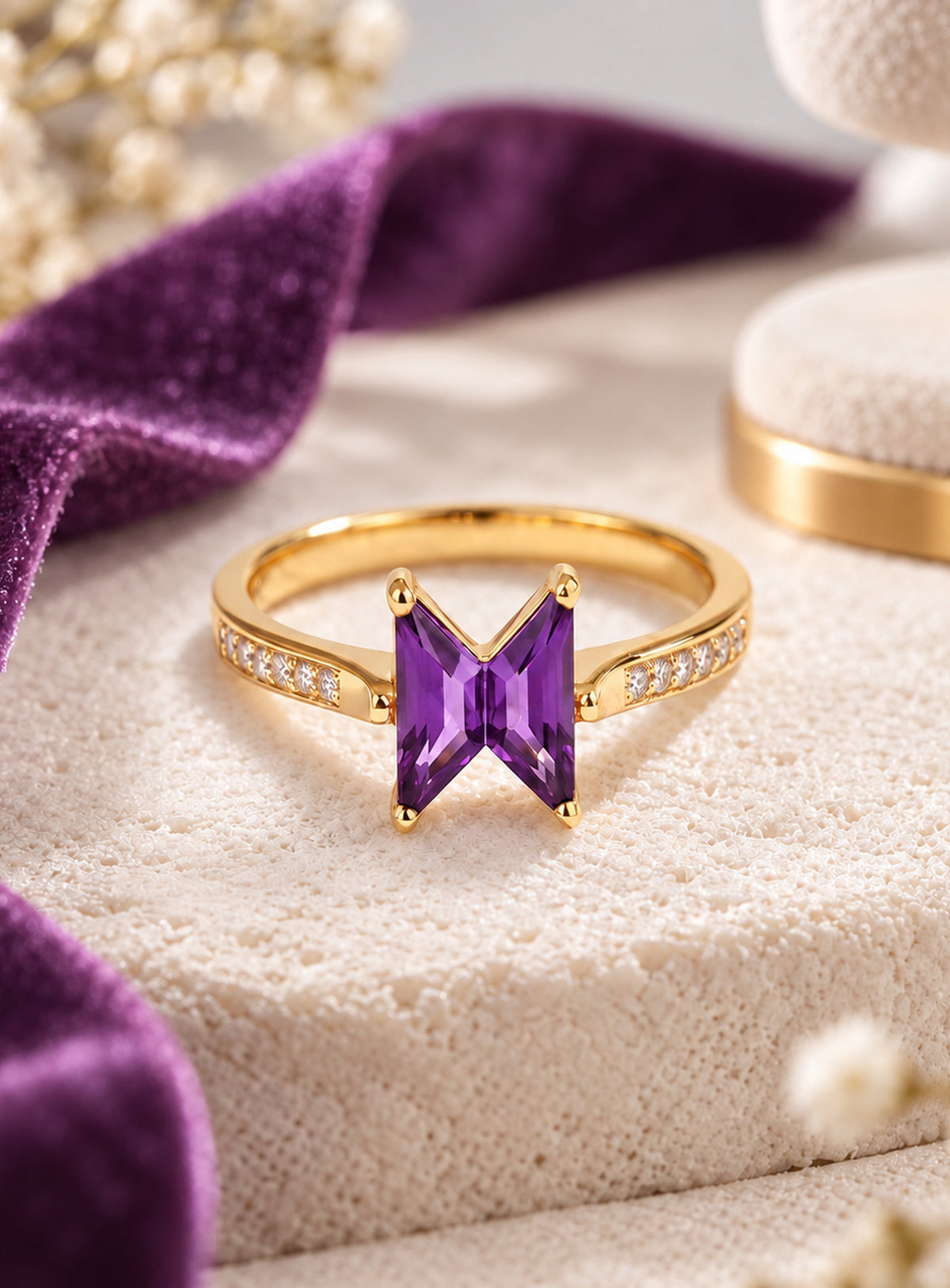 Purple geometric centerpiece ring with a narrow silver-tone or gold-tone band (Gold)