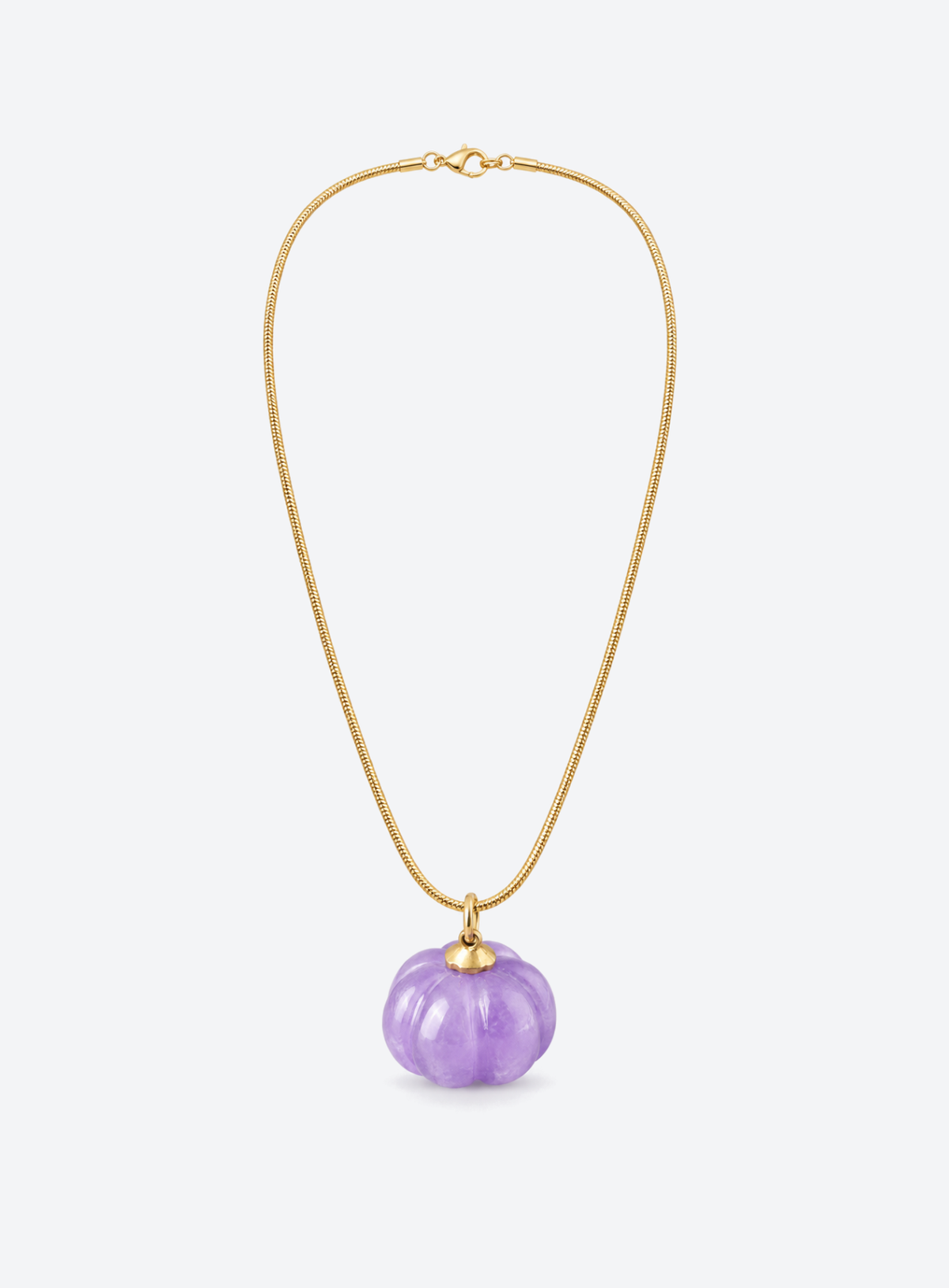 Purple chalcedony pumpkin pendant necklace with gold-tone cap and snake chain