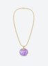 Purple chalcedony pumpkin pendant necklace with gold-tone cap and snake chain