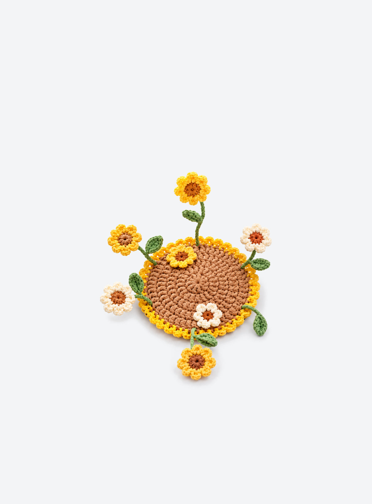Handmade crochet coaster with raised decorative motifs around the edge (Sunflower)