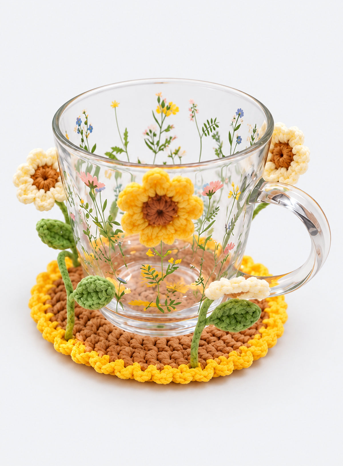 Handmade crochet coaster with raised decorative motifs around the edge (Sunflower)