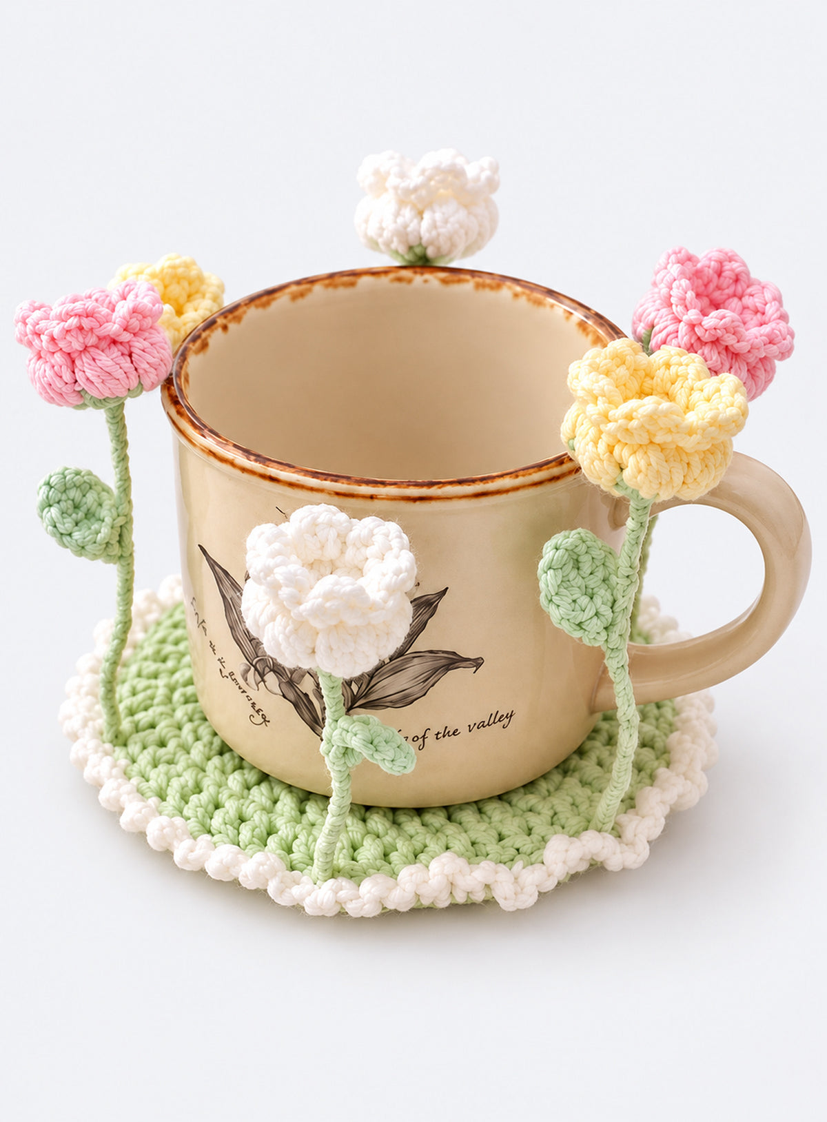 Handmade crochet coaster with raised decorative motifs around the edge (Tulip)