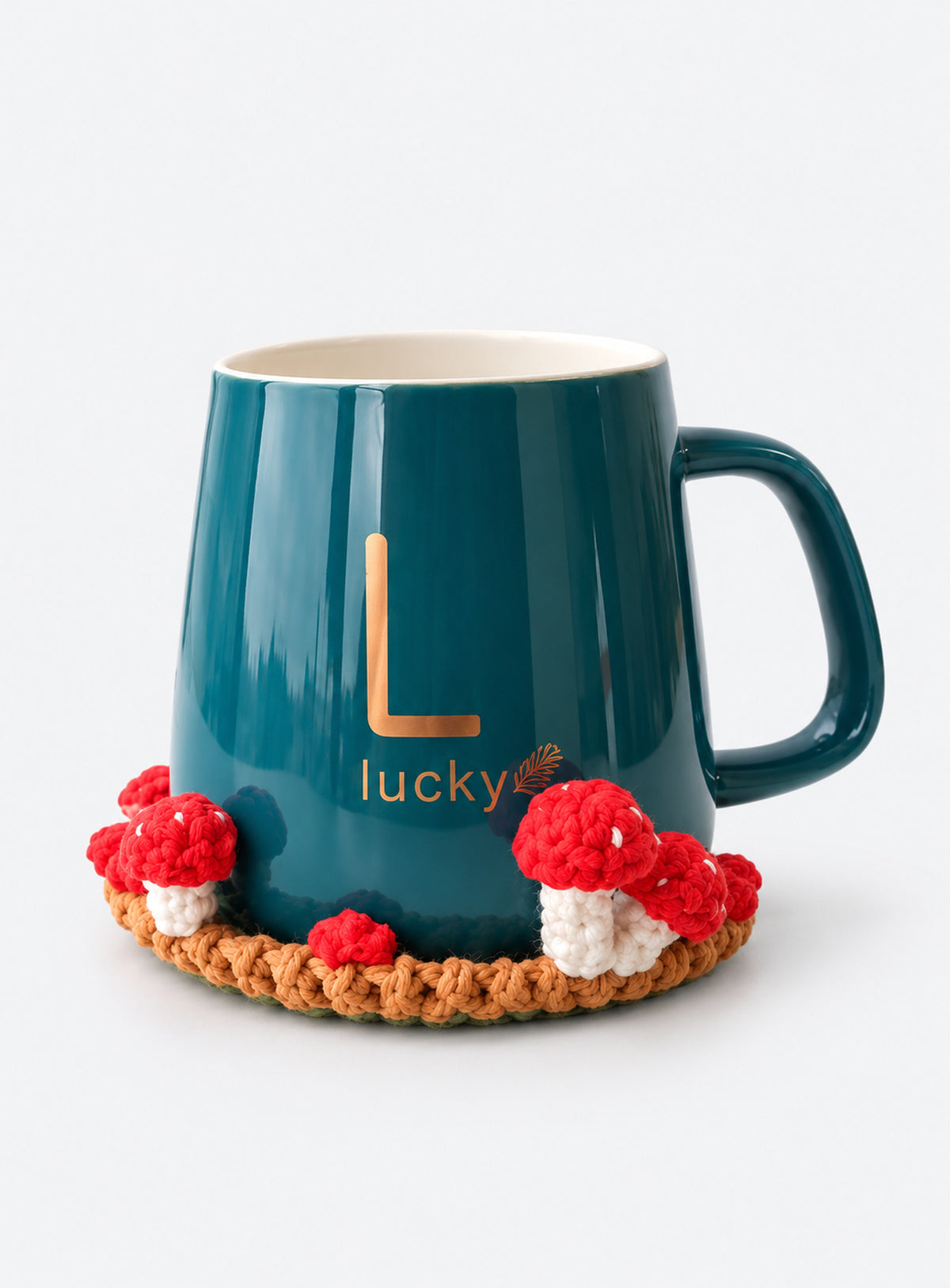 Handmade crochet coaster with raised decorative motifs around the edge (Mushroom)