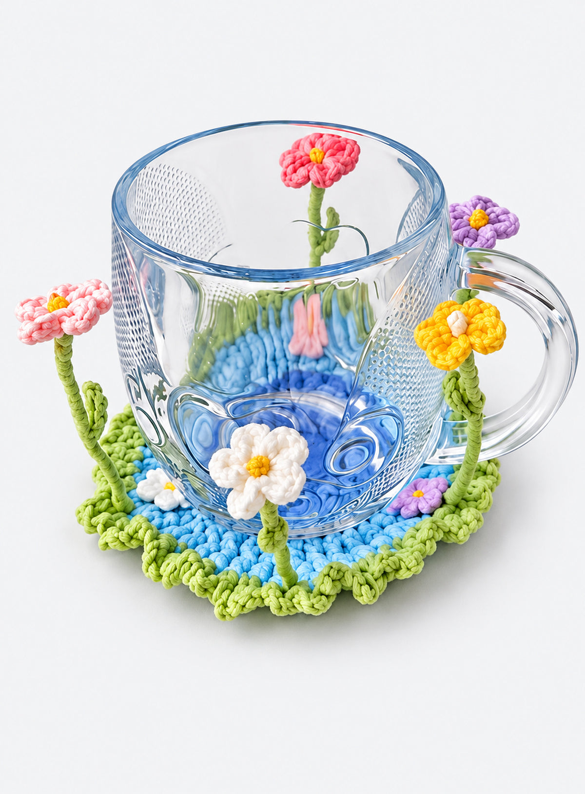 Handmade crochet coaster with raised decorative motifs around the edge (Mixed Daisies)