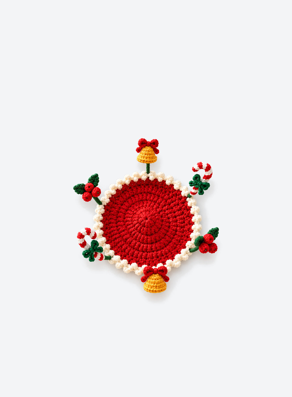 Handmade crochet coaster with raised decorative motifs around the edge (Christmas)