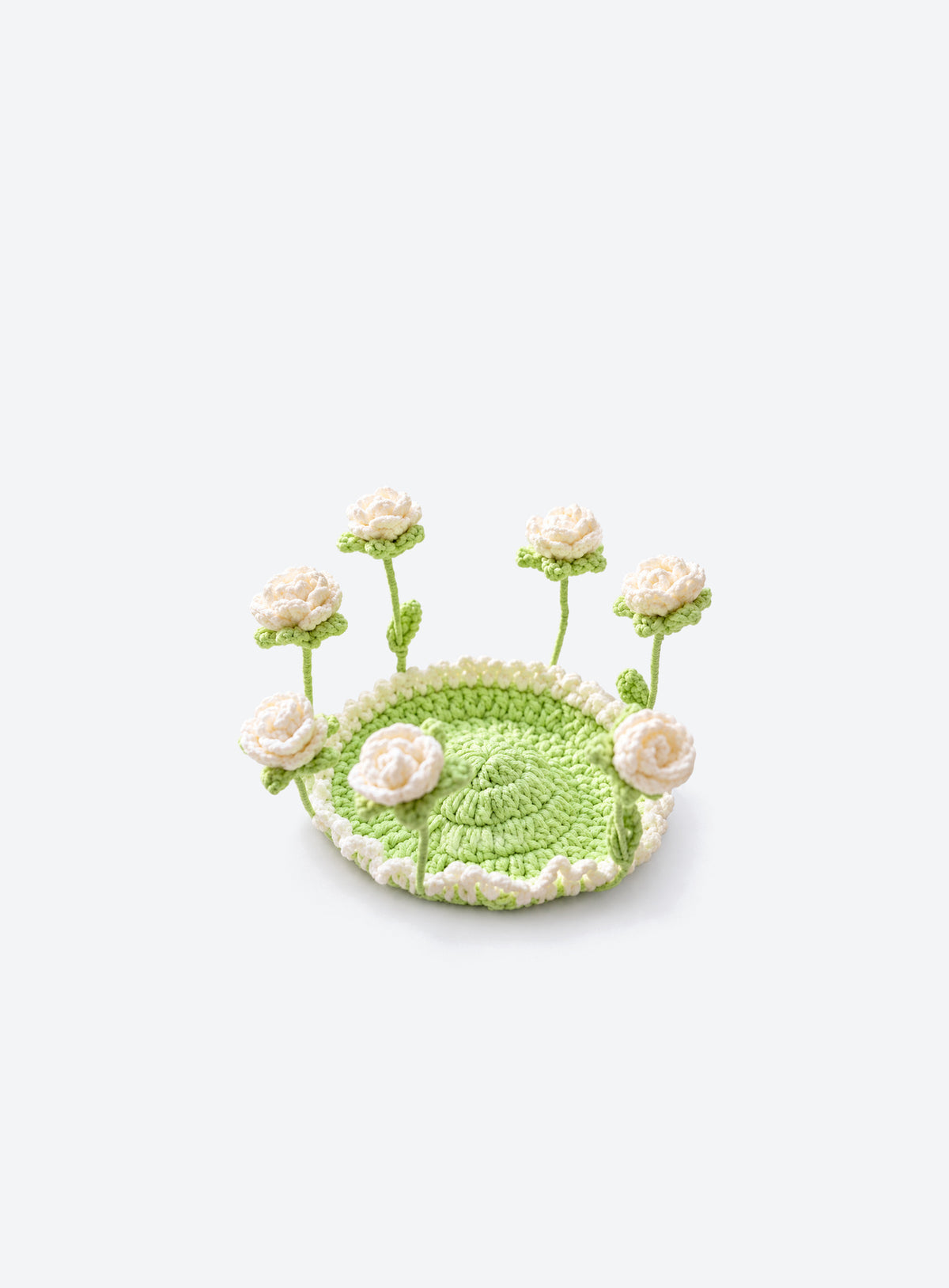 Handmade crochet coaster with raised decorative motifs around the edge (White Rose)