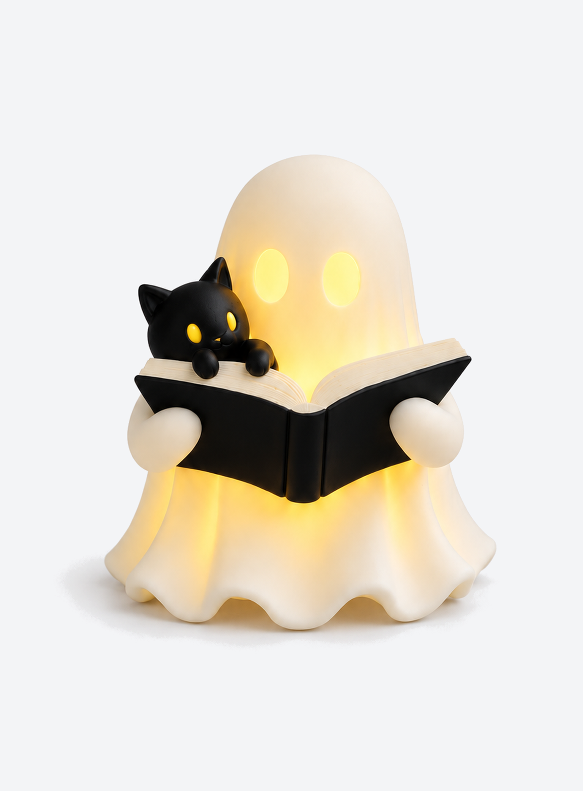 Ghost reading an open book beside a tiny black cat lantern