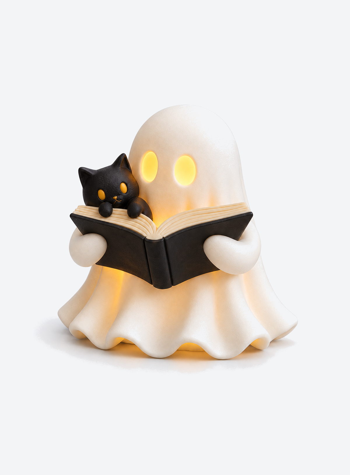 Ghost reading an open book beside a tiny black cat lantern