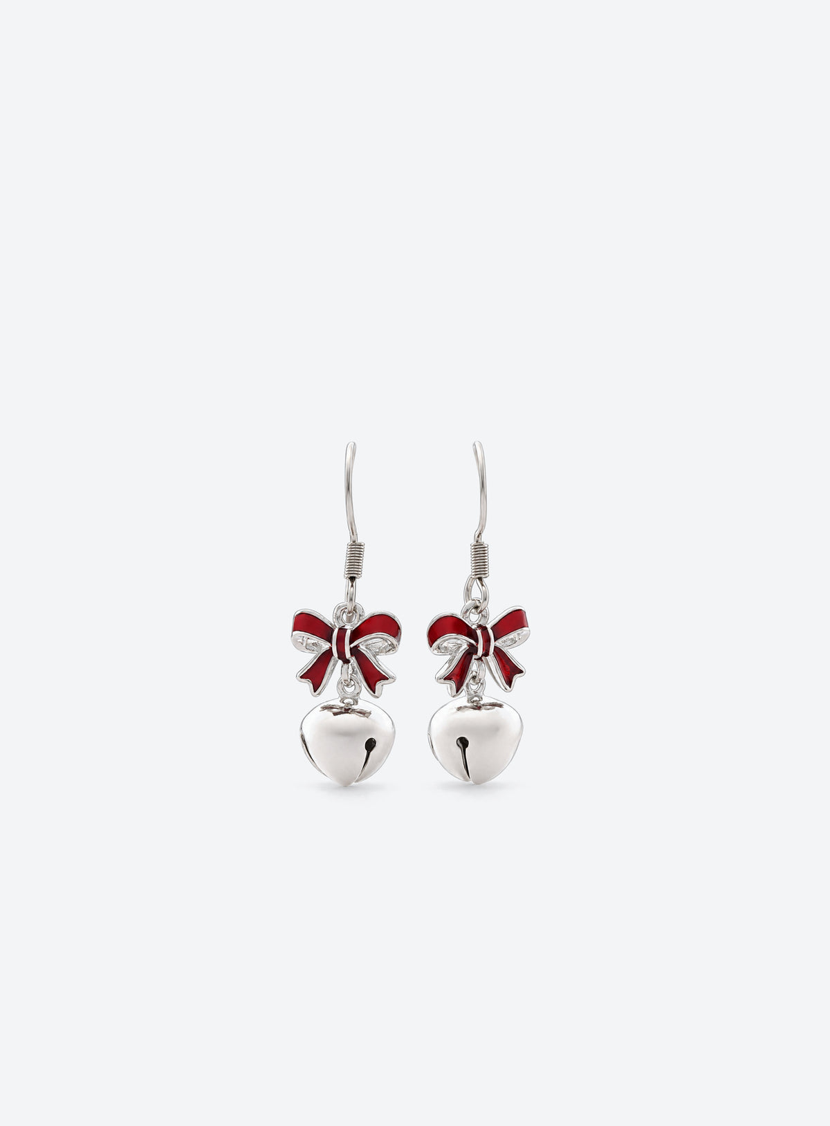 Silver-tone bell earrings with red enamel bows and French hook ear wires