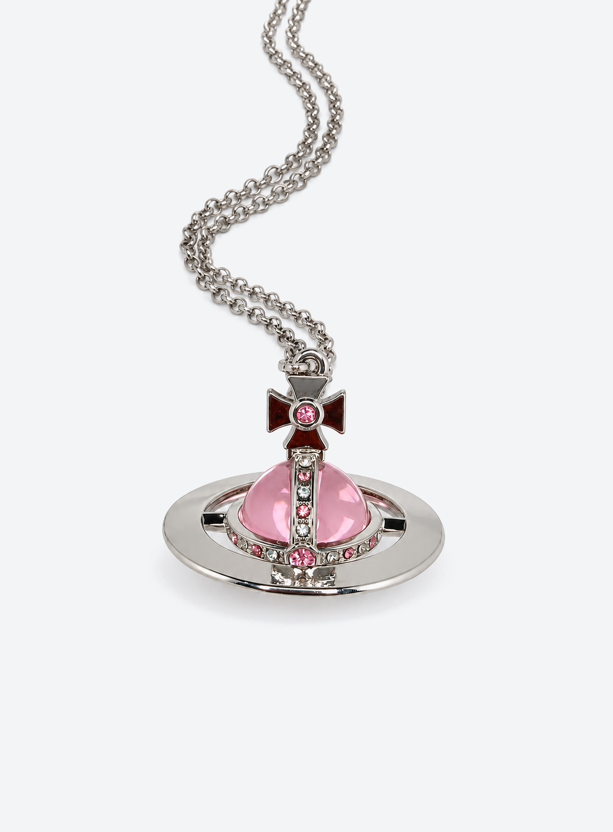 Pink orb pendant with a silver-tone orbital ring, cross top, and crystal accents