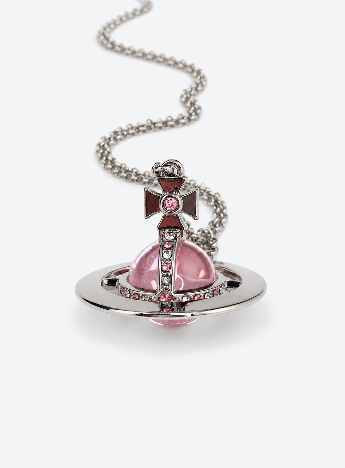 Pink orb pendant with a silver-tone orbital ring, cross top, and crystal accents