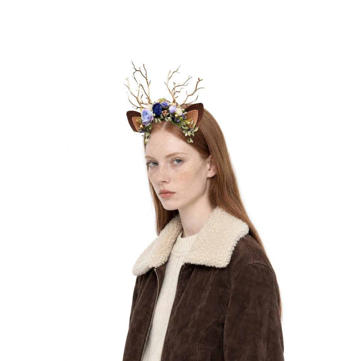 Aster Berry Christmas Reindeer Headband, worn by a model