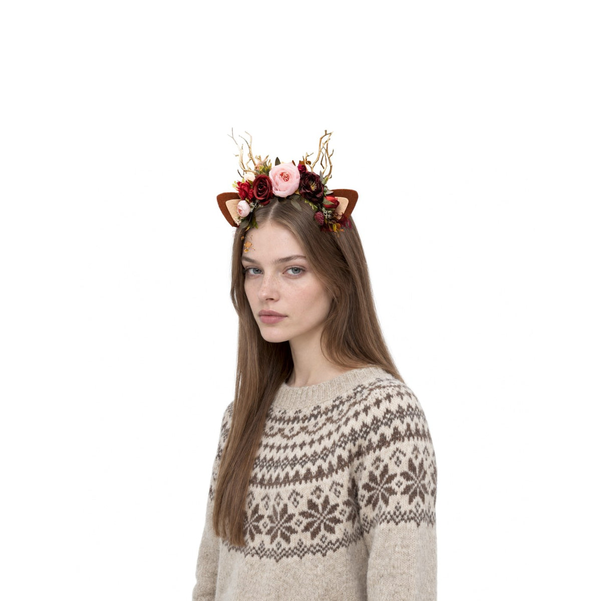 Boho Rose Christmas Reindeer Headband, worn by a model