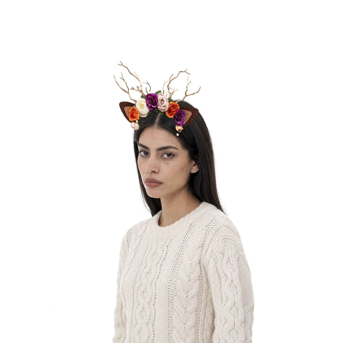 Colorful Rose Christmas Reindeer Headband, worn by a model