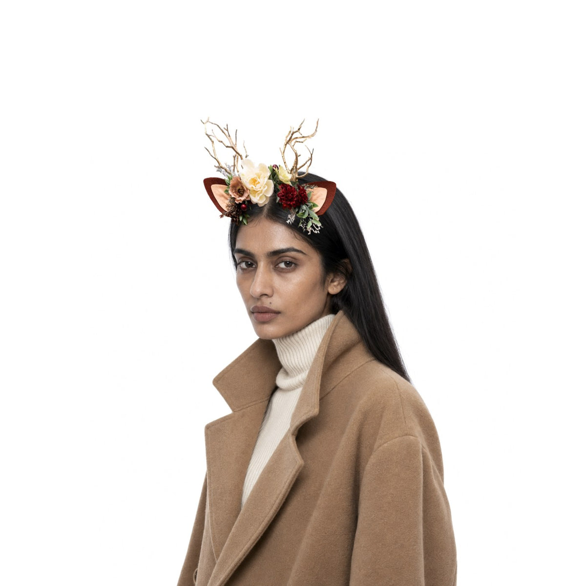 Cream Peony Christmas Reindeer Headband, worn by a model