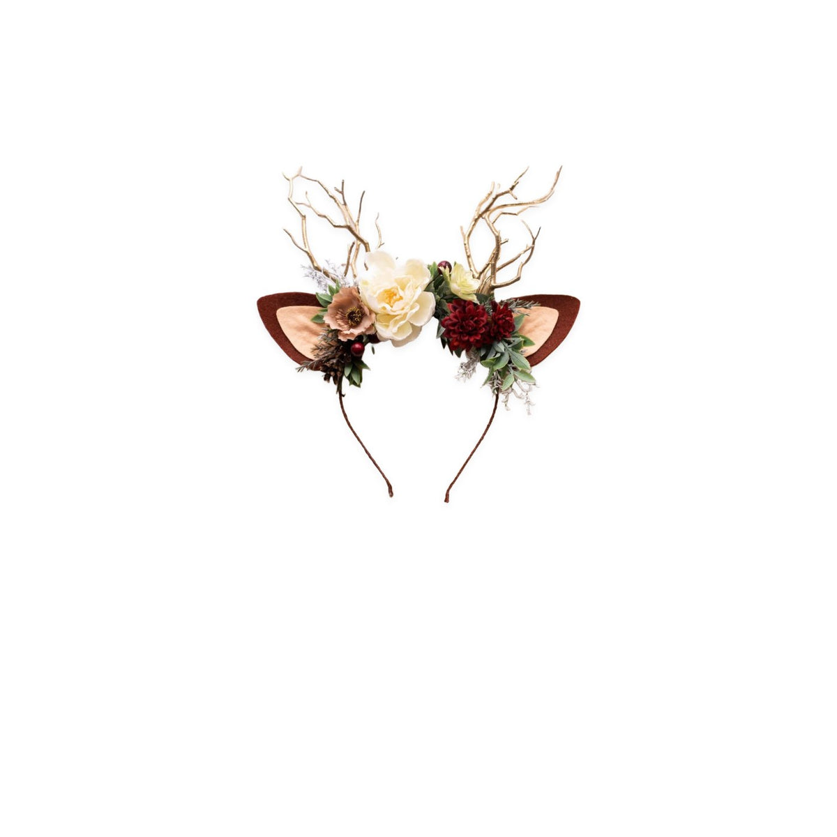 Cream Peony Christmas Reindeer Headband