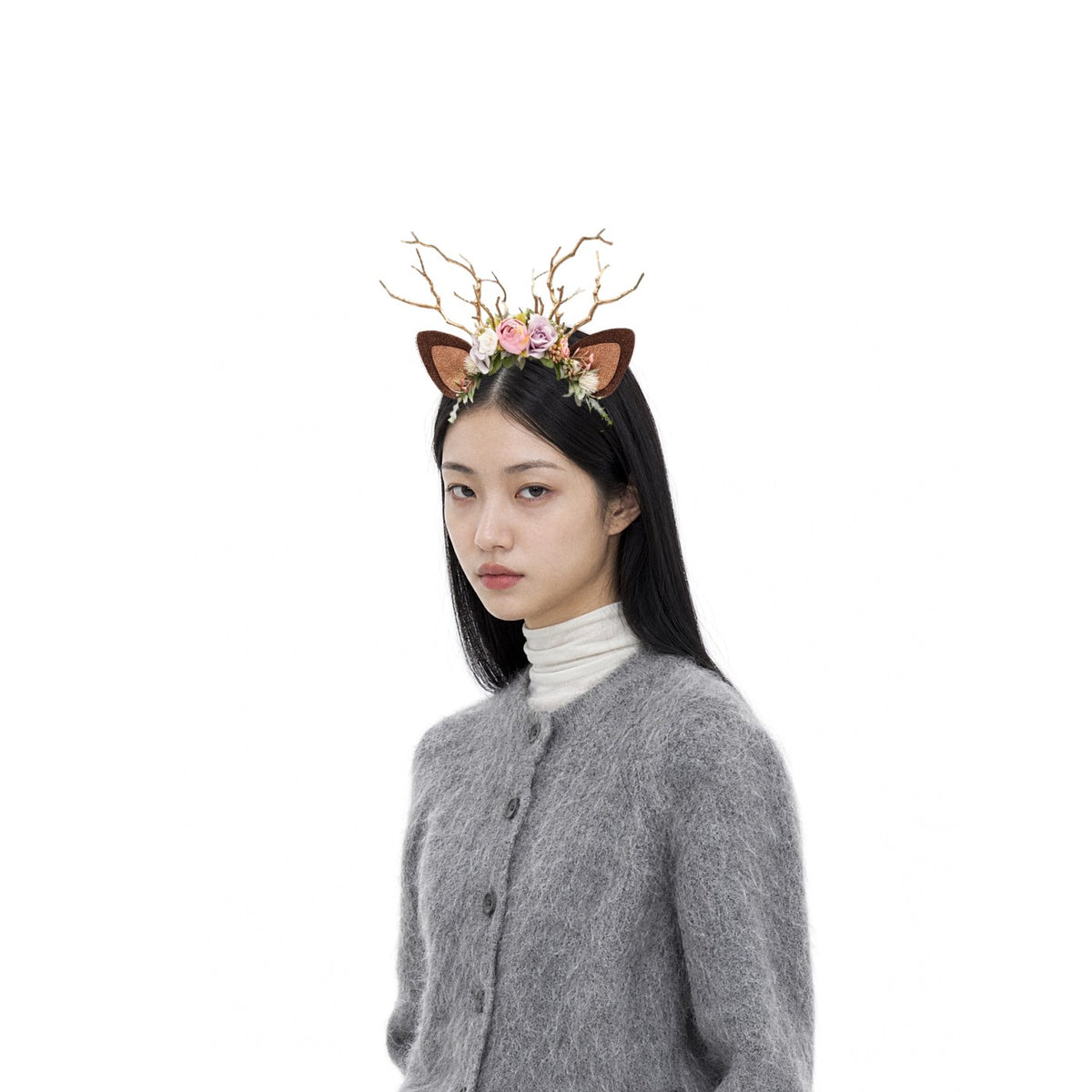 Frosted Rose Christmas Reindeer Headband, worn by a model