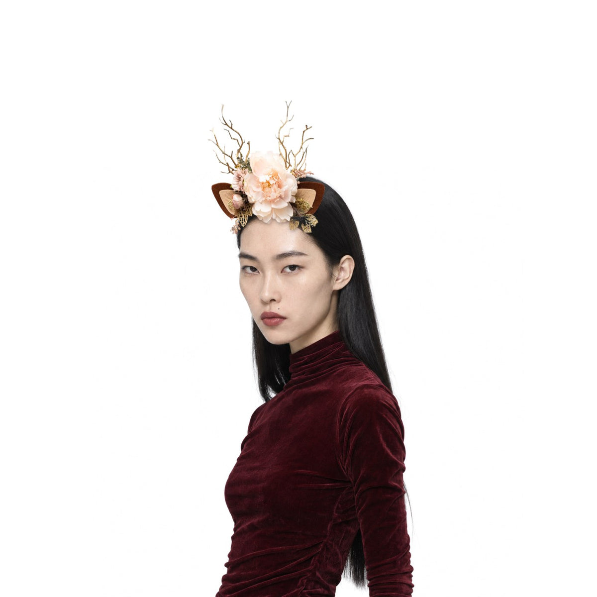 Ivory Peony Christmas Reindeer Headband, worn by a model