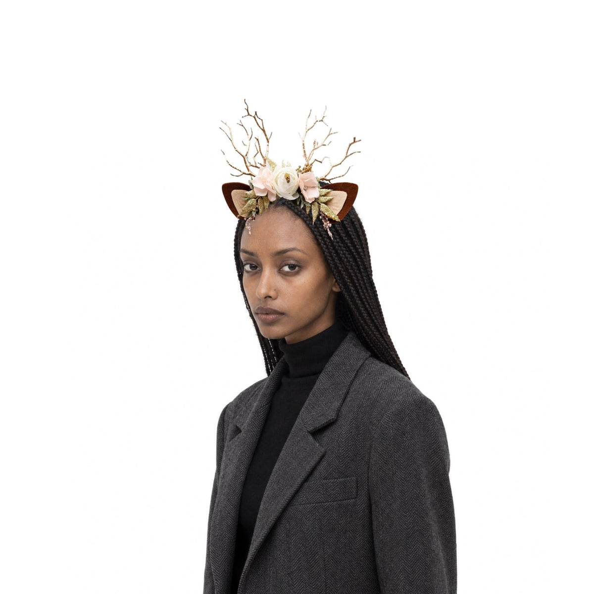 Pale Rose Christmas Reindeer Headband, worn by a model