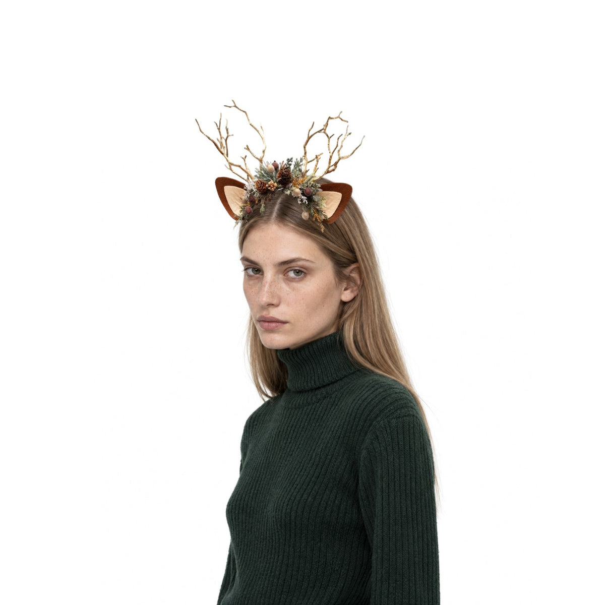 Pine Cone Christmas Reindeer Headband, worn by a model
