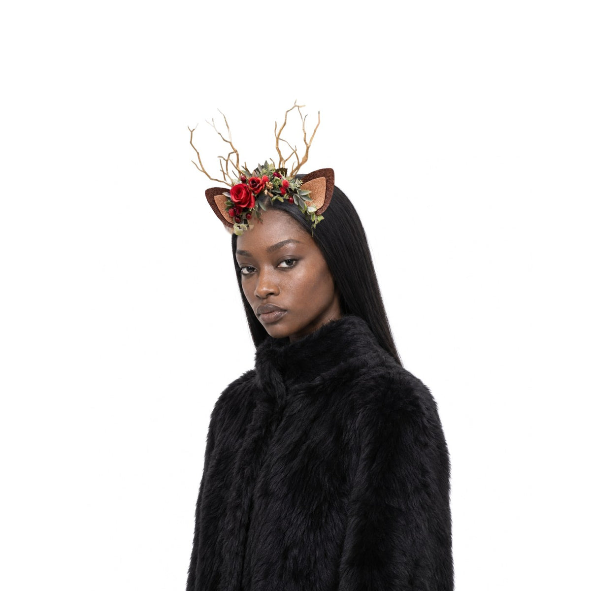 Rose Berry Christmas Reindeer Headband, worn by a model