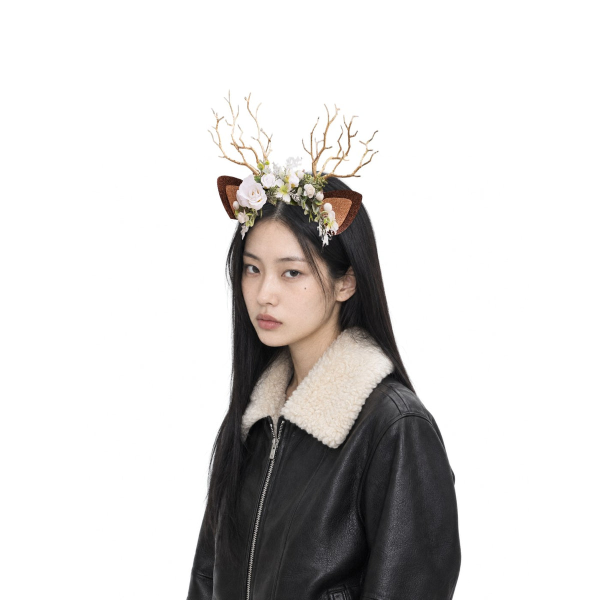 Snow Rose Christmas Reindeer Headband, worn by a model
