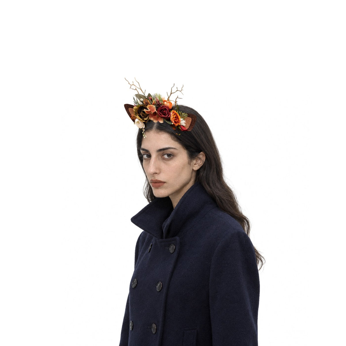 Winter Rose Christmas Reindeer Headband, worn by a model