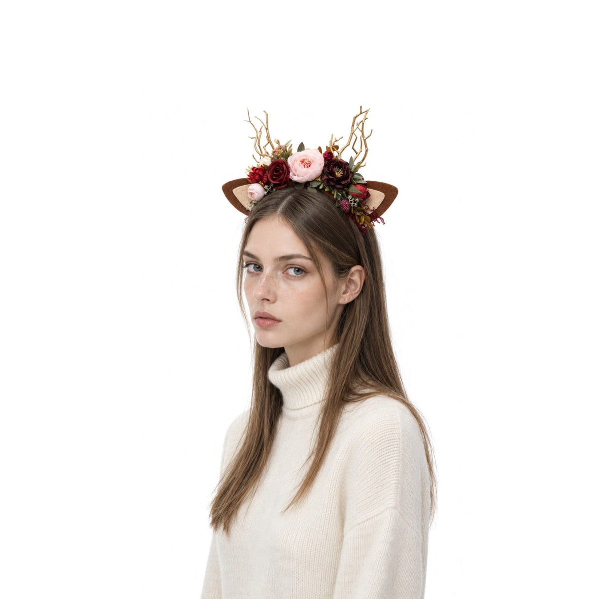 Boho Rose Christmas Reindeer Headband, worn by a model