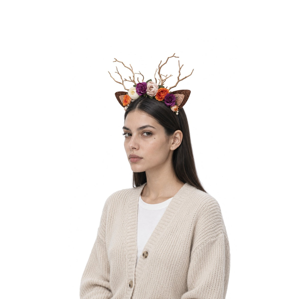 Colorful Rose Christmas Reindeer Headband, worn by a model