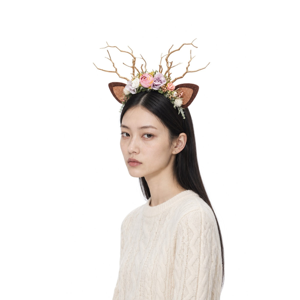 Frosted Rose Christmas Reindeer Headband, worn by a model