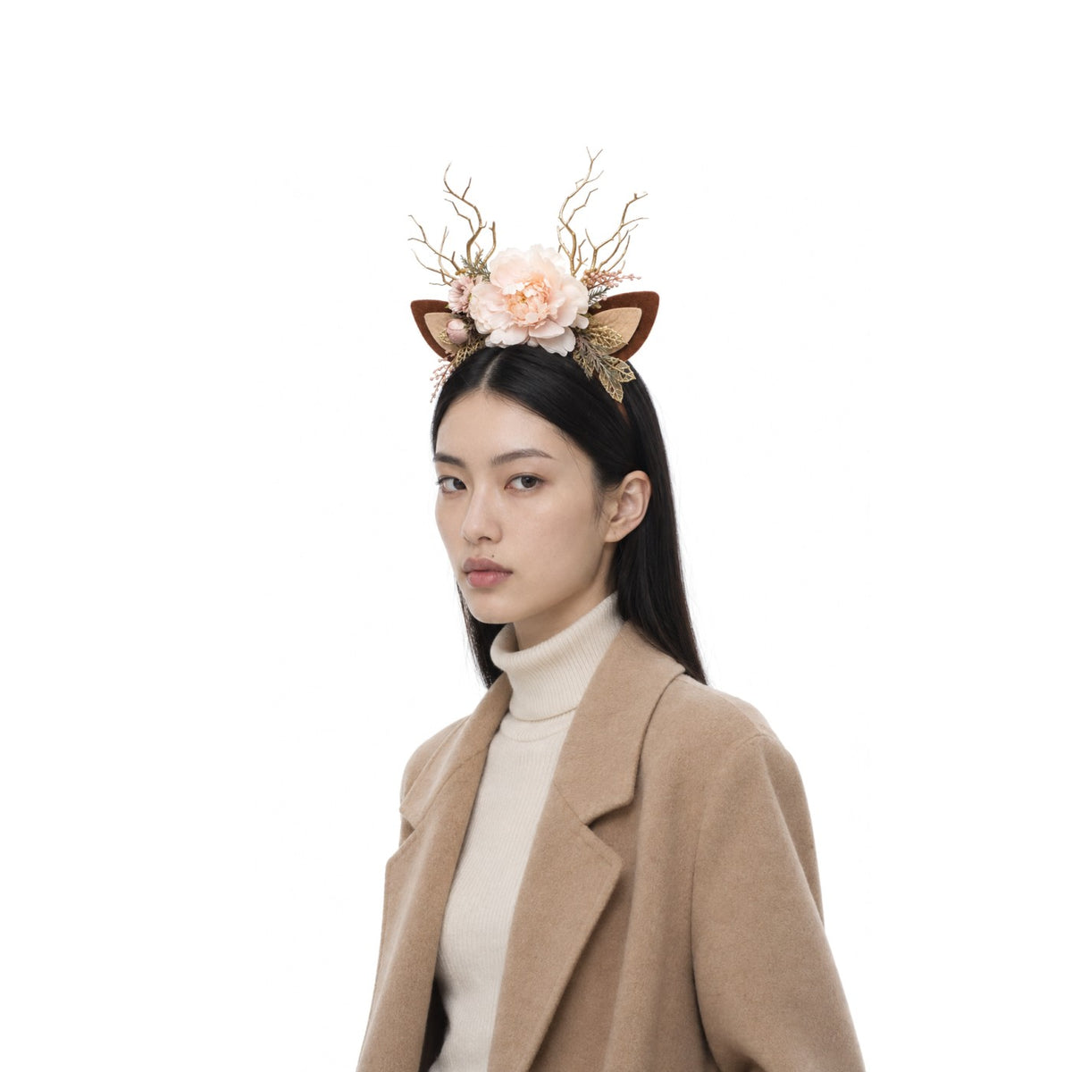 Ivory Peony Christmas Reindeer Headband, worn by a model