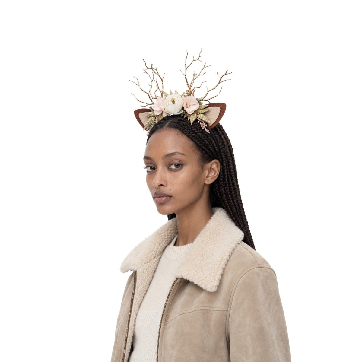 Pale Rose Christmas Reindeer Headband, worn by a model
