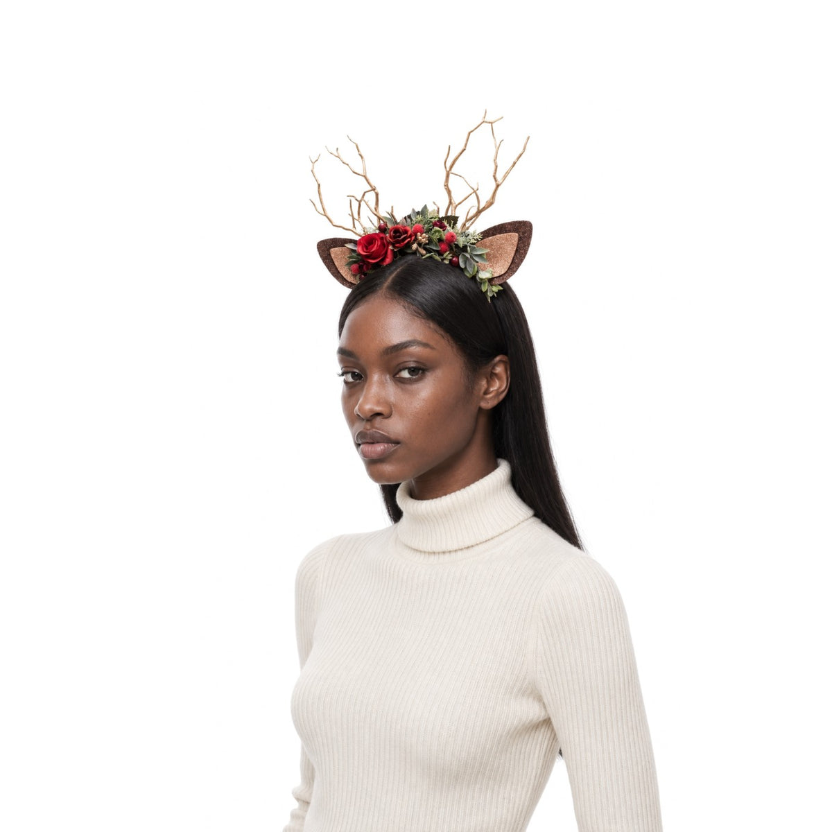 Rose Berry Christmas Reindeer Headband, worn by a model