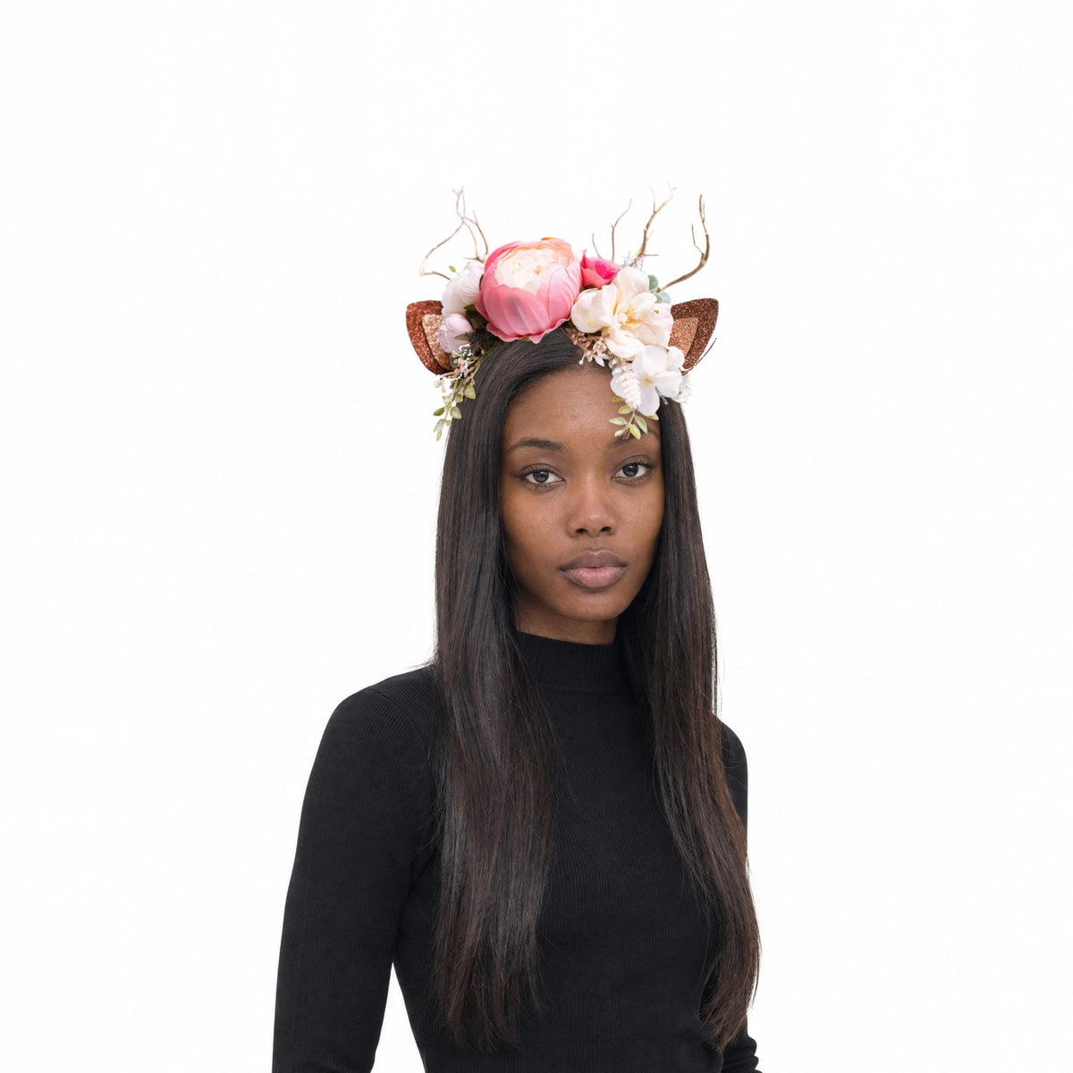Blush Peony Christmas Reindeer Headband, worn by a model