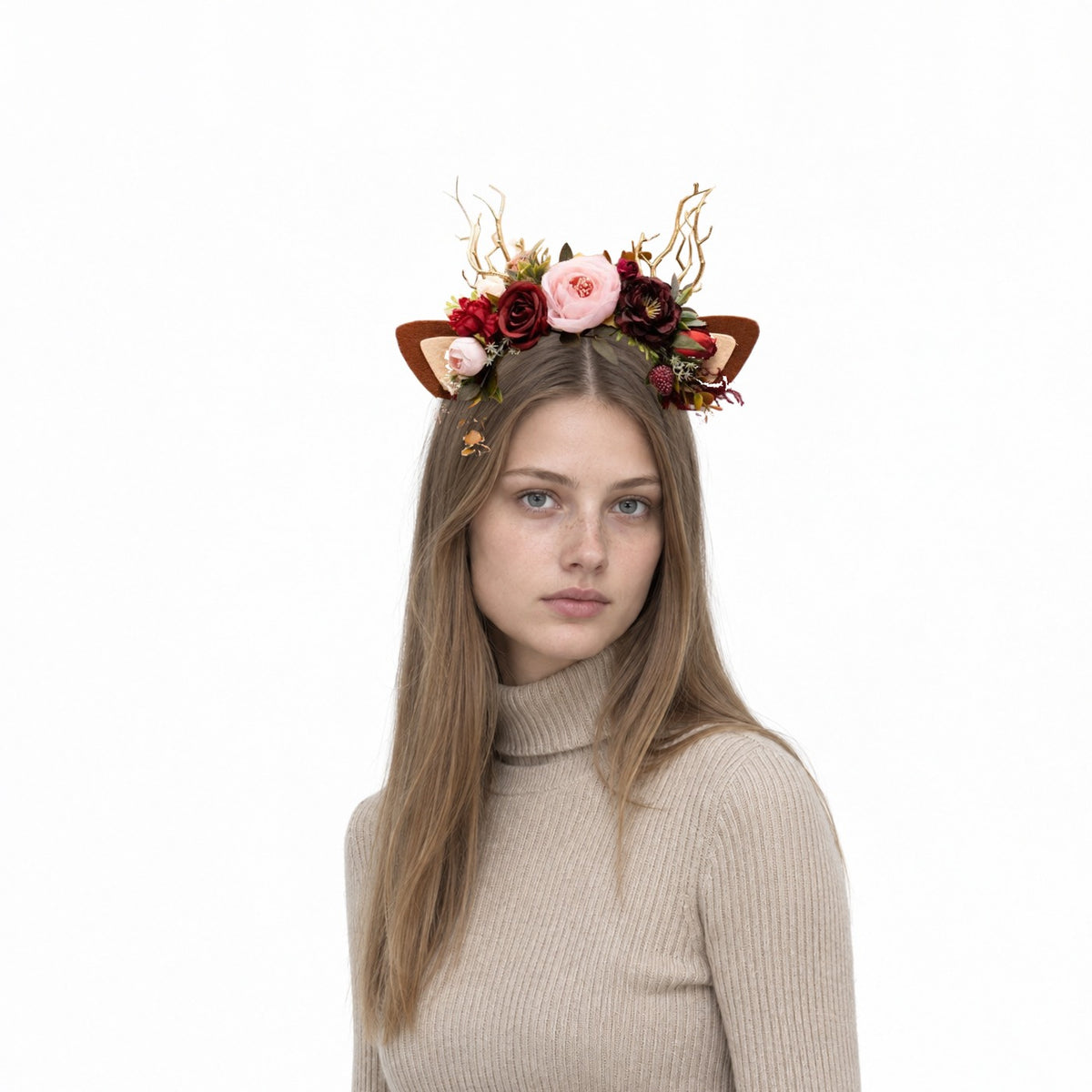 Boho Rose Christmas Reindeer Headband, worn by a model