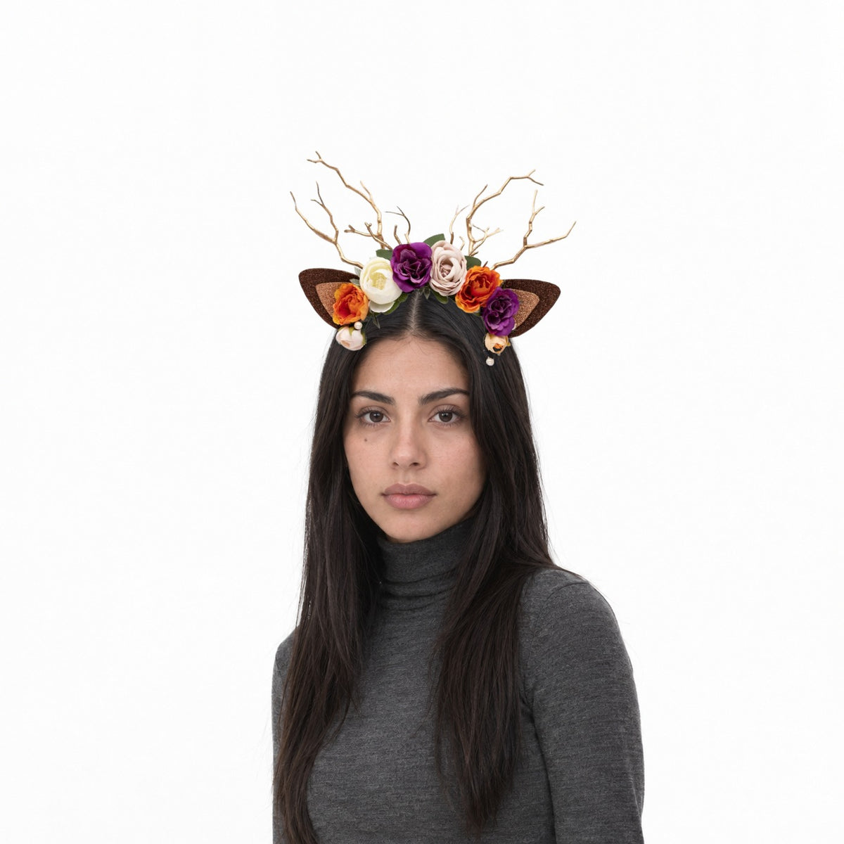 Colorful Rose Christmas Reindeer Headband, worn by a model