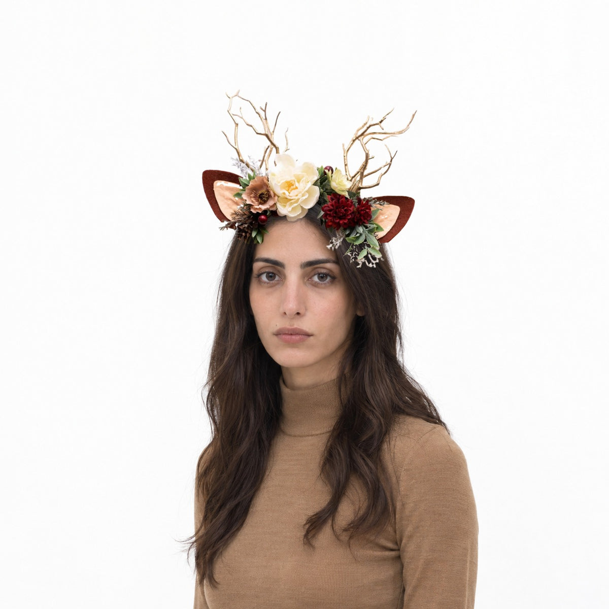 Cream Peony Christmas Reindeer Headband, worn by a model